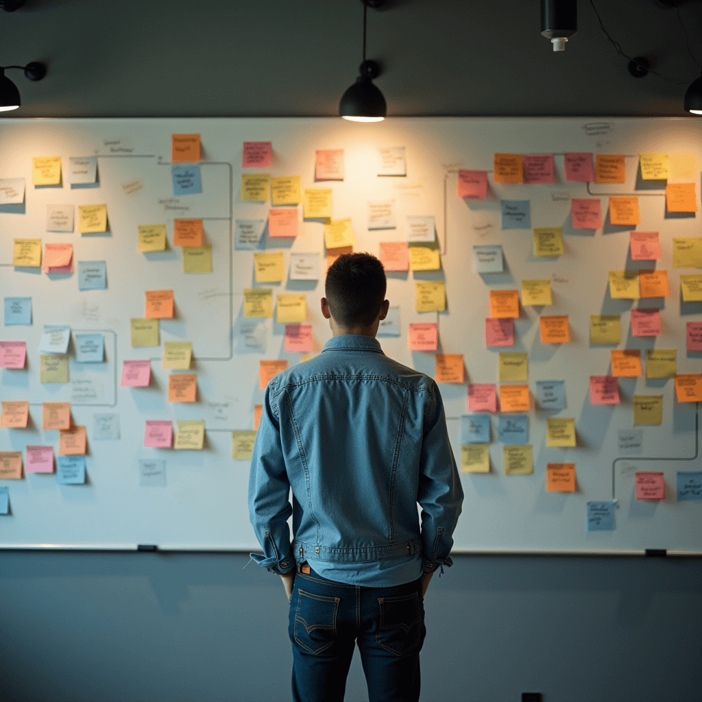 A person stands in front of a whiteboard filled with colorful sticky notes, deeply focused on brainstorming.