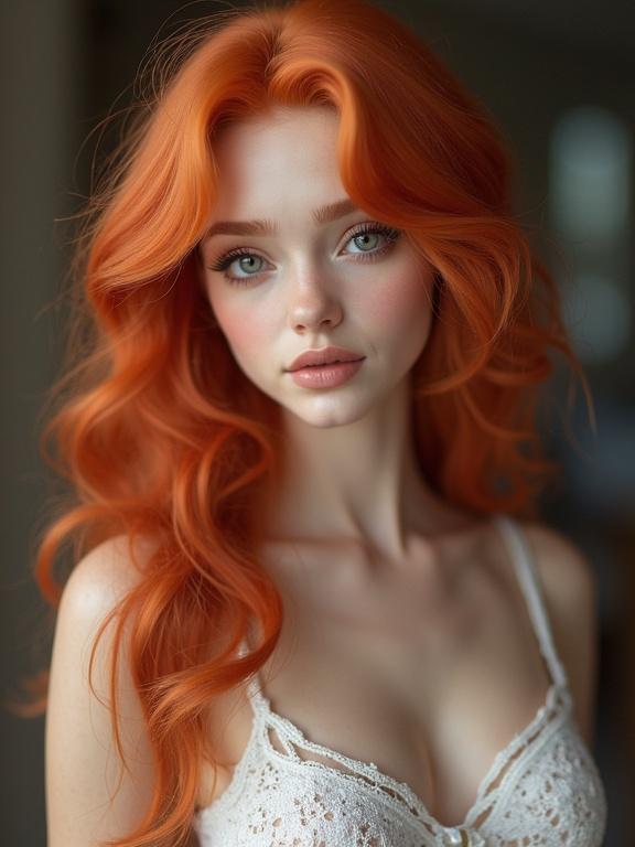 Model with vibrant red hair. She has green eyes and a fair complexion. Her measurements are 90 60 100. She displays a natural beauty with some freckles on her face. She wears a delicate outfit.