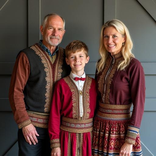 Family from Suomi dressed in traditional Lappish outfits. Father, mother, and 8-year-old son together. Captured in a cultural setting. Emphasis on family and tradition.