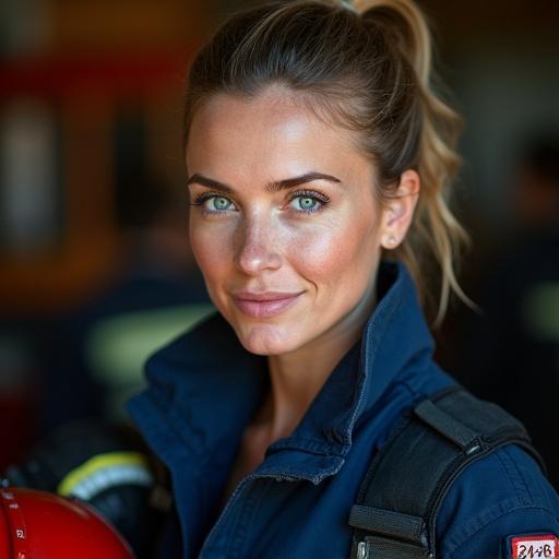 Portrait of a determined female firefighter with piercing blue eyes and ash-blonde hair. Lightly freckled face contrasts with a navy blue uniform. Red helmet tucked under left arm with department emblem. Expression combines confidence and compassion. Lit dramatically with warm and cool tones. Background hints at a fire station interior.