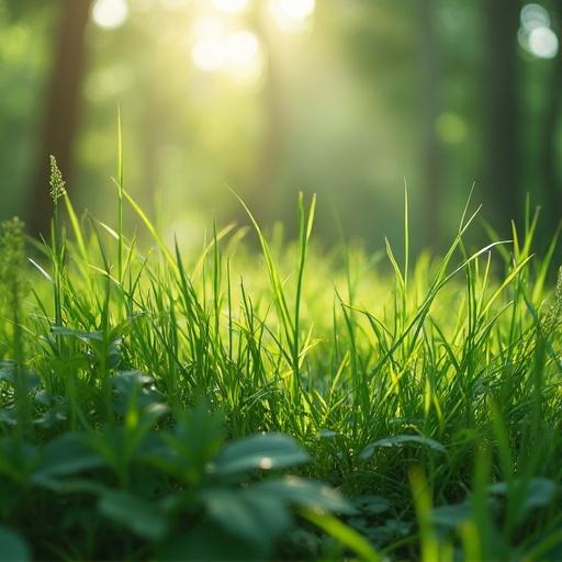 Lush green grass in the early morning light. Sun rays filtering through trees create a serene atmosphere. The scene evokes a sense of peace and tranquility. Grass blades glisten in the sunlight.