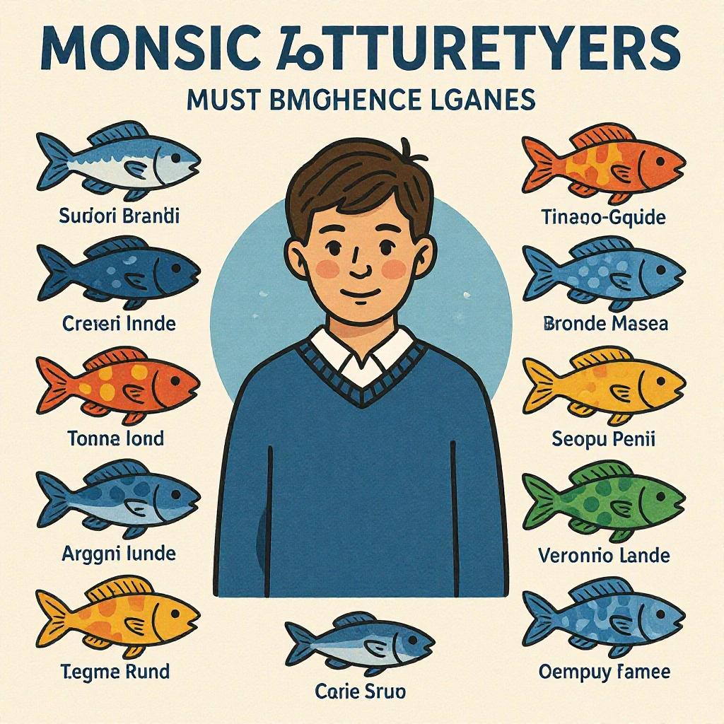 Illustration of a boy surrounded by colorful fish. The boy has brown hair and a blue sweater. Various fish illustrated with different colors and designs. Cute, whimsical style.