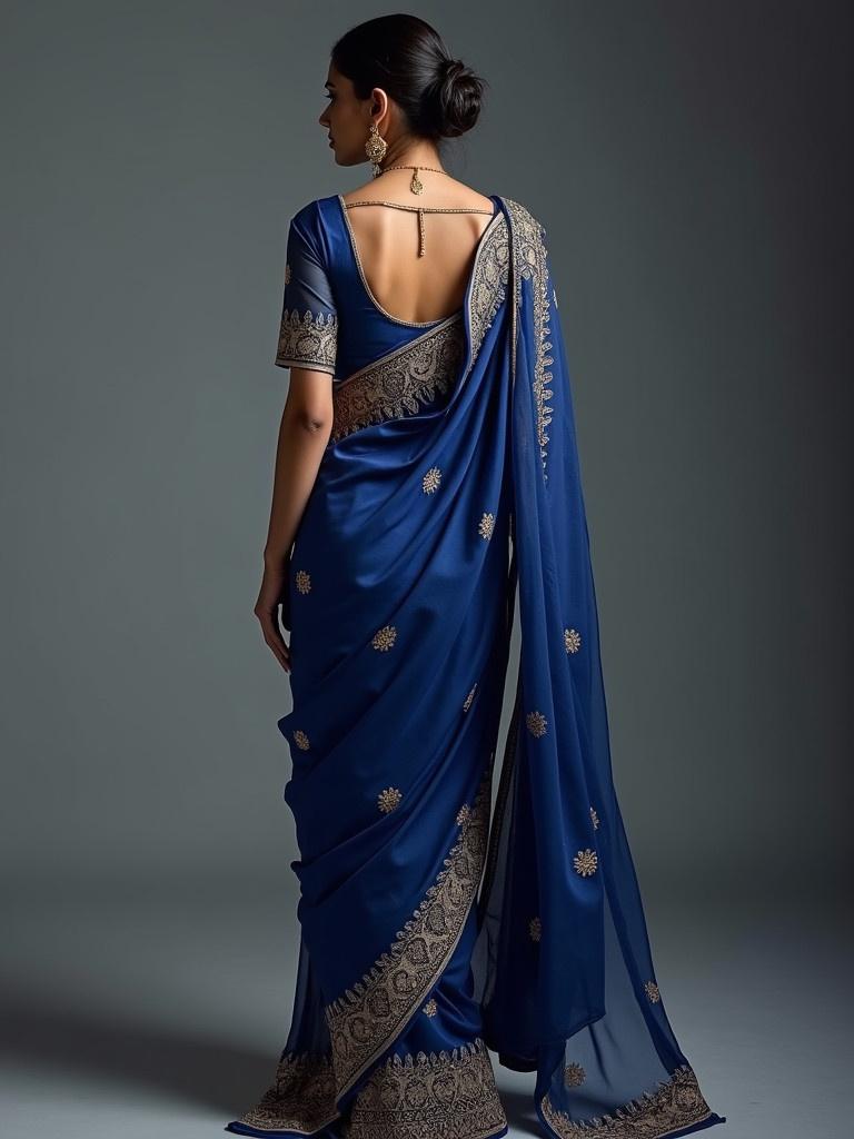 Elegant Indian woman wears a deep blue saree intricately draped. The saree features detailed embroidery and traditional styling. The scene captures the beauty of Indian culture and fashion.