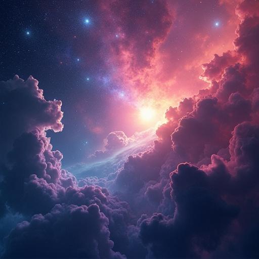 Nebula themed album cover art. Title Euphoric Dawn. Bright colors and cosmic elements created. Deep space feel with clouds and stars.
