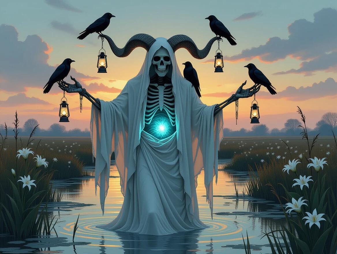 A skeletal wraith-like entity draped in tattered silks in a dead marsh. Skull face with hollow eye sockets. Six clawed arms holding bone lanterns. Blue light glows from ribcage. Crows on shoulders. Lilies grow at its feet. Haunting, dark fantasy style with moonlit shadows.