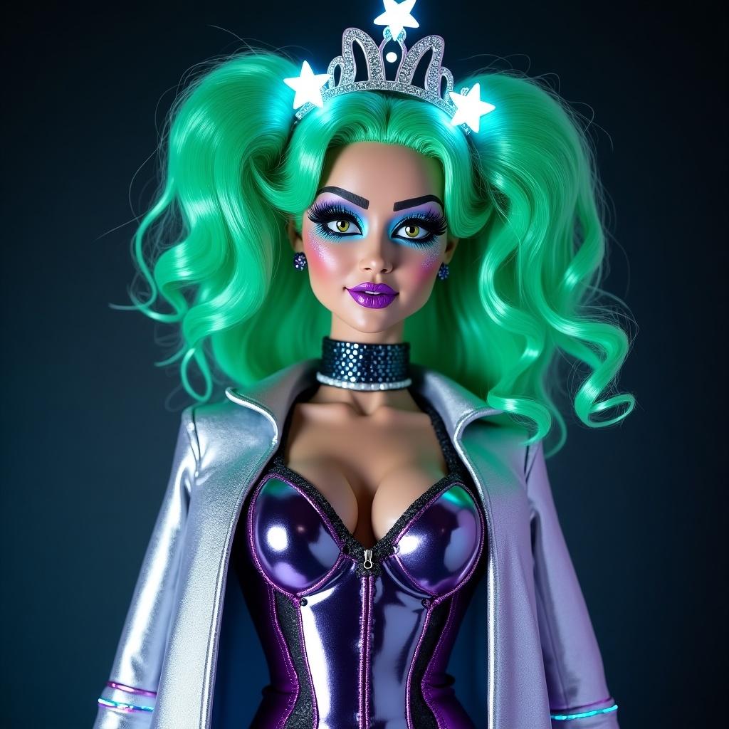 Galactic Empress character with mint green skin and vibrant green hair styled in curls. She wears a metallic bodysuit in purple and silver with glowing accents. Includes shining crown and scepter and high-heeled boots.