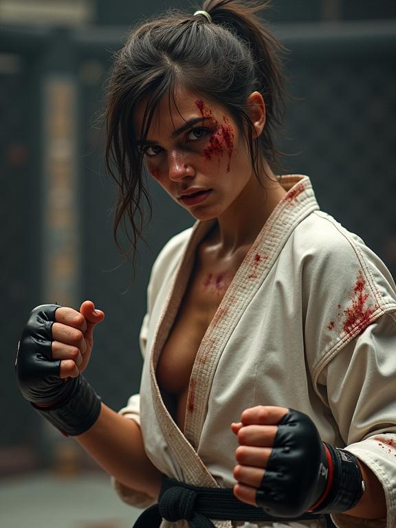 Realistic athletic woman with asymmetrical hairstyle wearing a worn-out karate gi. Bloody smudges on body. Untidy hair and heavy bruises on face. Appearing exhausted but focused to win the fight. Holding up bloody fists. In an MMA arena.