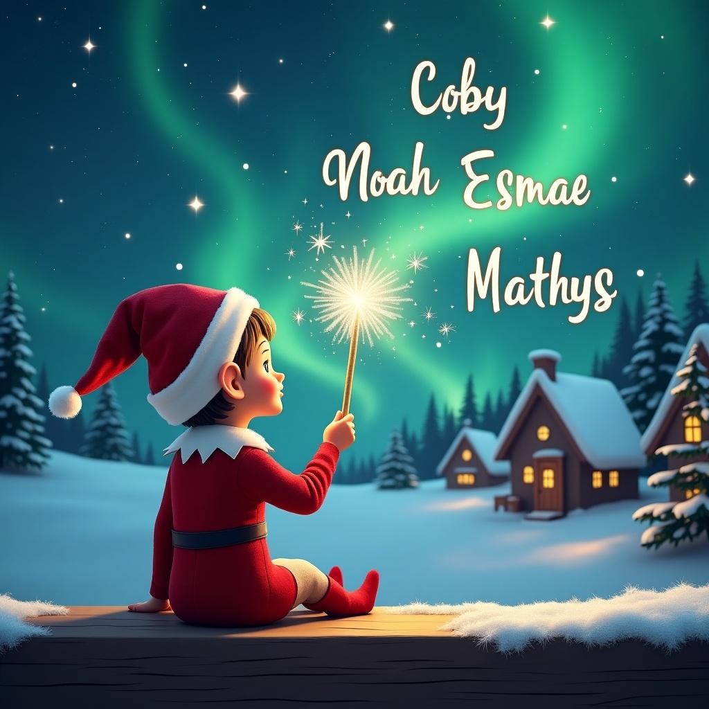 Elf in red outfit holds wand in front of magical sky. It writes names in stars. Background has snowy landscape and glowing Northern Lights. Small houses and evergreen trees complete the scene.