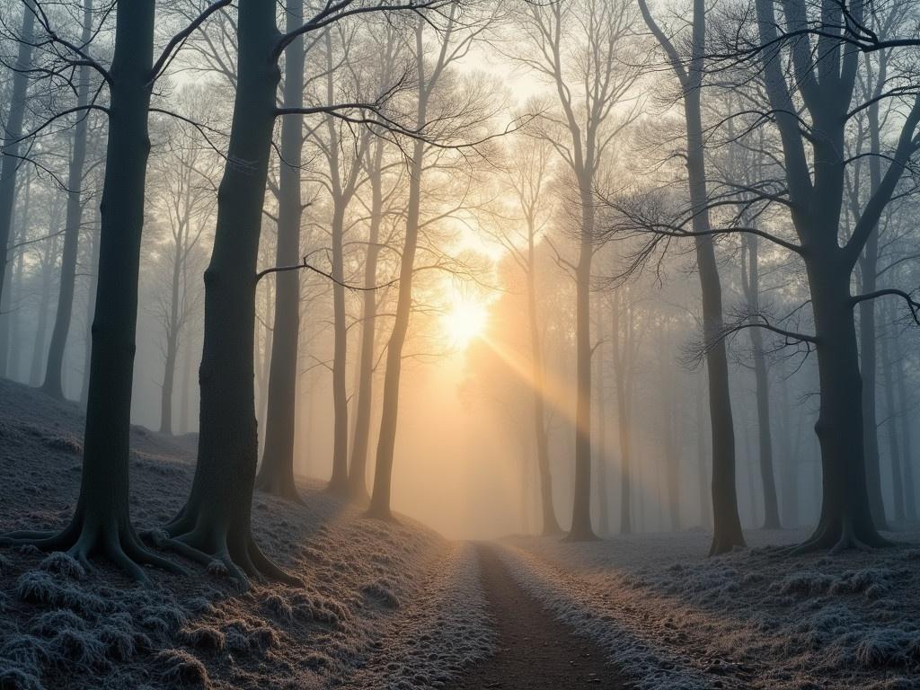 In a misty forest in Uludag, Turkey, the trees are shrouded in a thick fog. The scene is serene and quiet, with muted colors blending into the mist. Golden rays of sunlight filter through the trees, creating an ethereal glow. The ground is covered in frost, and the branches are adorned with a light layer of ice. The atmosphere is tranquil and slightly mysterious, inviting exploration into the heart of the foggy woods.