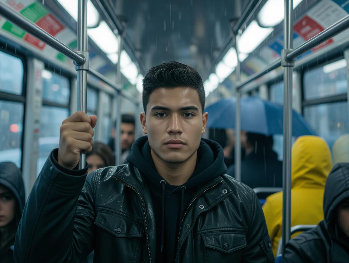 Young Brazilian man stands in a crowded city bus. Medium-dark skin tone. Hands gripping overhead rail. Gaze fixed into the camera. Raindrops streaking down windows. Surrounding blurred commuters. Wet jackets and umbrellas in the background. Interior lit by cold natural light. Subtle reflections on metal bars. Atmosphere is introspective and dense. Shot with ARRI Alexa Mini LF and Canon CN-E 14mm T3.1 lens. Shallow depth of field. Ultra-realistic textures with natural color grading.