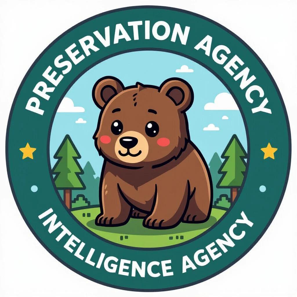 Round logo features a cute bear for a preservation agency. The bear sits in front of trees surrounded by a circular design. The logo includes the words 'PRESERVATION AGENCY' and 'INTELLIGENCE AGENCY.'