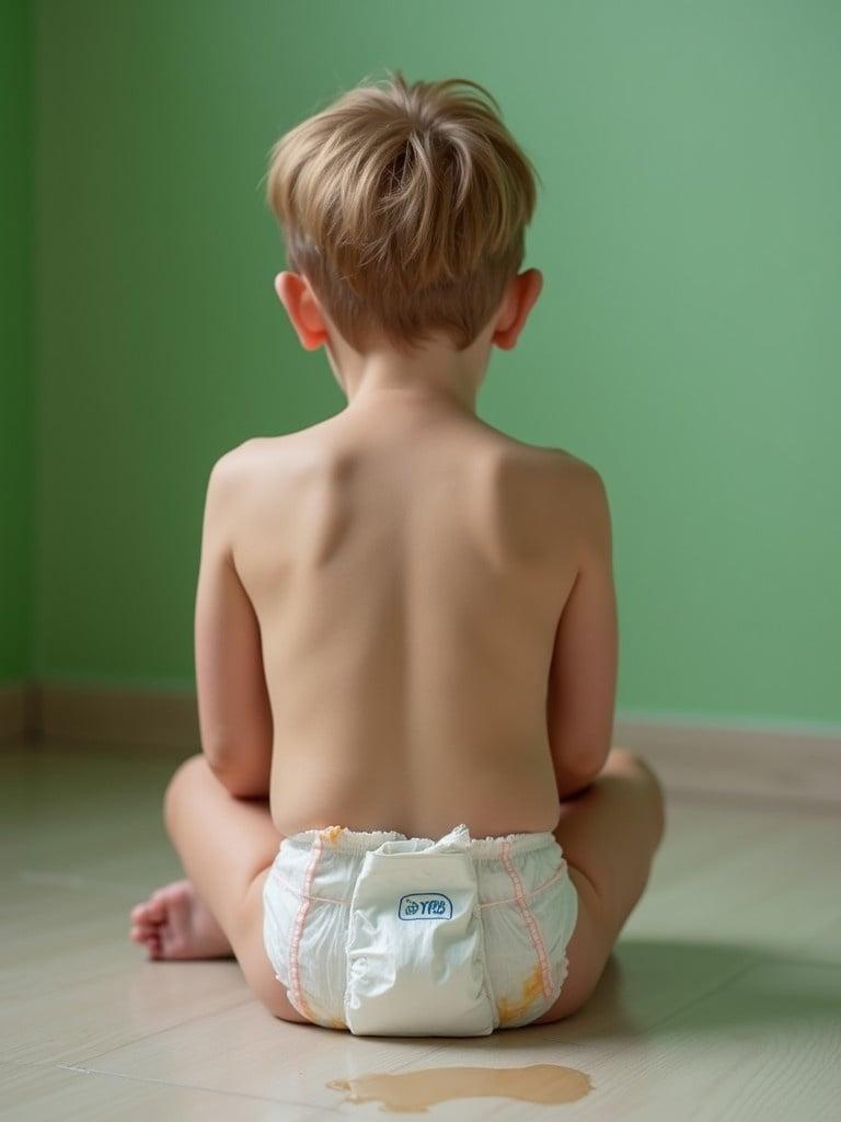 Image of a young boy seated on the floor wearing a wet diaper. The boy is bare-skinned and turned away from the camera. The background features a soft green wall with natural lighting.