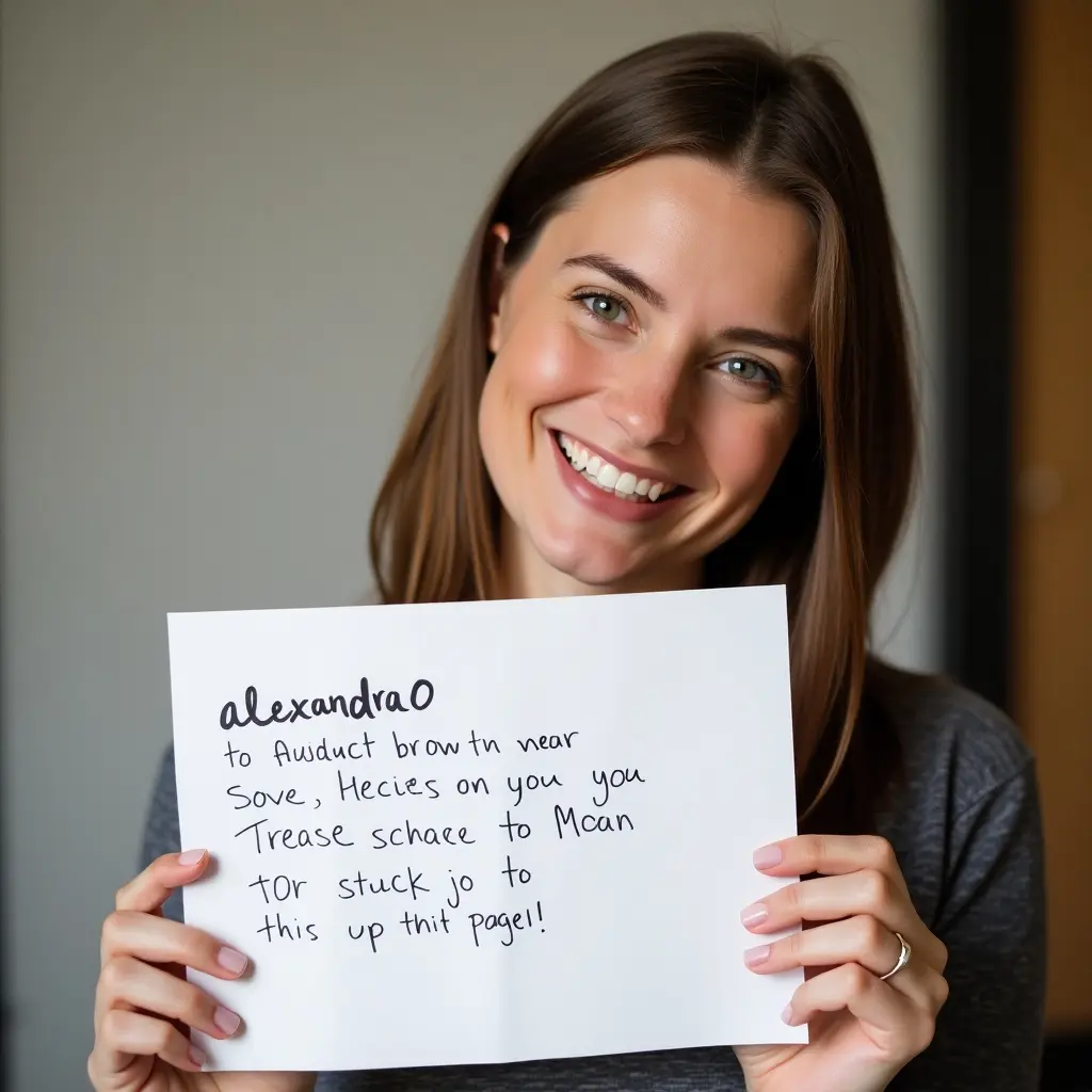 Person smiles while holding a handwritten note. The note shows the name 'alexandra0'. Right arm and hand are fully visible in the frame.