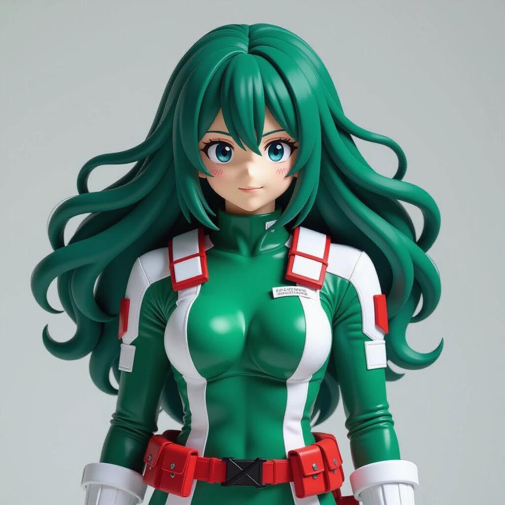 Dynamic representation of a female character inspired by Deku Midoriya. Character wears a green and white latex suit with a detailed design. The long green hair flows smoothly depicting motion. The figure looks directly at the viewer creating an engaging connection. Ideal for anime art and merchandise purposes.