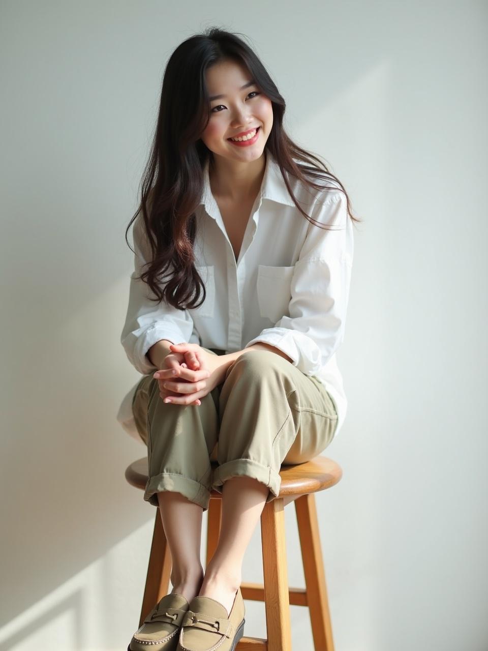 A young woman sits on a wooden stool, exuding a relaxed and approachable demeanor. She wears a crisp white shirt and beige trousers, with her hair cascading naturally over her shoulders. The lighting is soft and natural, creating a warm and inviting atmosphere in the image.