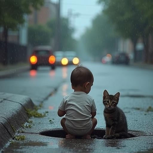 A baby sits near a street drain. Heavy storm with rushing water. A kitten watches from a distance in awe.