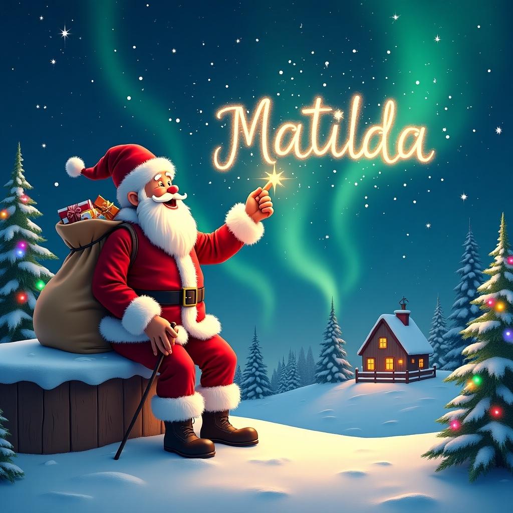 The image features a cheerful Santa Claus standing on a snowy landscape. He is holding a large bag filled with gifts. Santa is joyfully writing names in the sky with his finger, creating a magical effect. The background is illuminated with colorful lights from Christmas trees. The overall atmosphere is festive and inviting, evoking the warmth of the holiday season. An elf sits on a wooden ledge with its back to the camera, gazing at a magical sky, dressed in a red outfit with a pointed hat. The elf holds a sparkling wand, and with the wand, the elf writes the name 'Matilda' in the starry sky. The scene is painted with a snowy landscape, charming little houses, and evergreen trees under shimmering Northern Lights. This whimsical depiction captures the essence of childhood magic and Christmas cheer. The elf elegantly adds the names 'Natasha' and 'Ada' in the same starry sky, enriching the magical atmosphere. A whimsical holiday scene depicting Santa Claus standing on a snowy landscape. He is joyfully holding a star, which magically illuminates the name 'Olive' written in the night sky. Surrounding him are snow-covered trees, enhancing the wintery atmosphere. The background features a deep blue night sky filled with twinkling stars. The overall feeling of the image is joyful and festive, perfect for celebrating the Christmas season. In a snowy landscape, Santa Claus stands joyfully, holding a staff. His iconic red suit and white beard contrast beautifully against the blue sky. Around him, snowflakes fall gently while a magical glow lights up the snowy ground. In the sky above, sparkles form the name 'Isla-Rose' in a whimsical, enchanting manner, capturing the spirit of Christmas. The scene radiates joy and holiday cheer, inviting viewers into a festive wonderland.