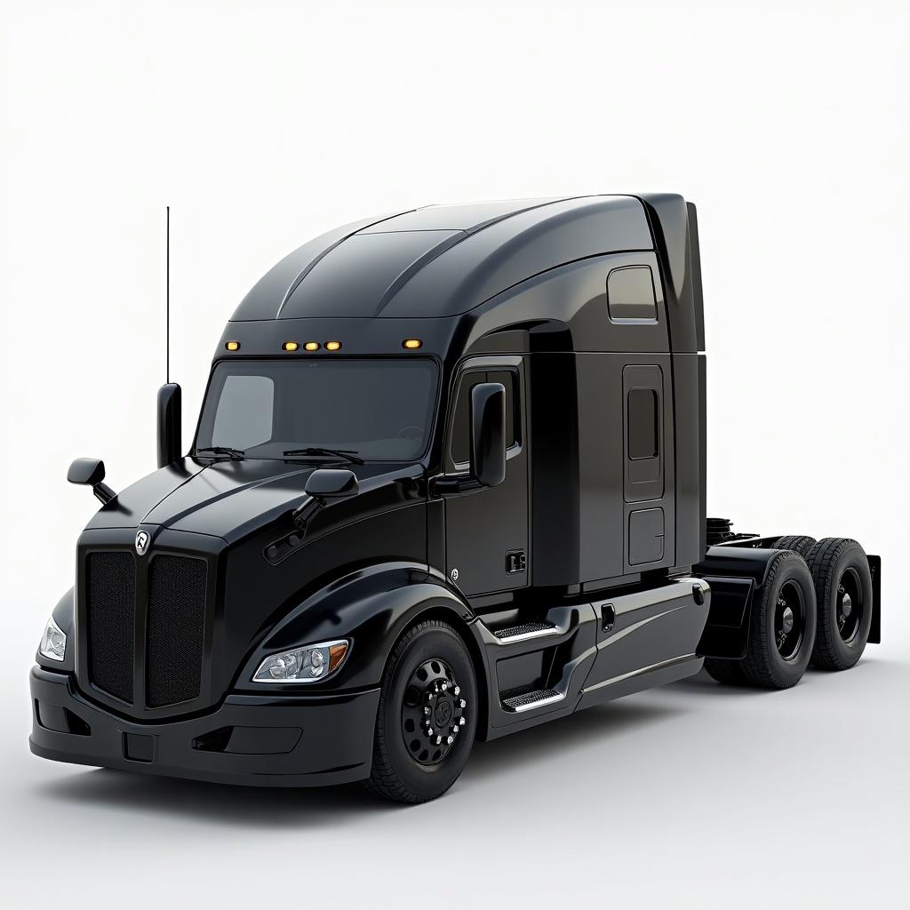 Image of a black 18 wheeler truck with modern design. The truck has a glossy exterior and aggressive styling. It suggests power and performance. Design inspired by alien technology and Cybertruck aesthetics. Include advanced features for functionality. Mounting for Starlink antenna included. The aesthetic is futuristic and practical for travel.