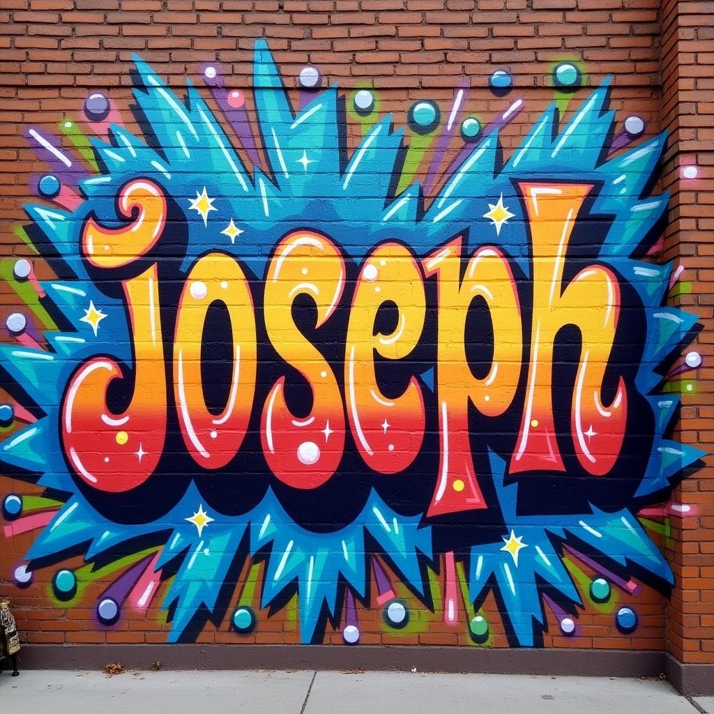 Vibrant graffiti mural featuring colorful text and patterns on a brick wall. The word 'joseph' is prominently displayed in large letters.