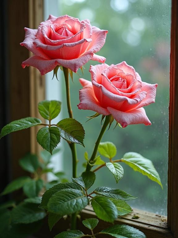 Close-up photo of pink roses in a window frame with green vines. Natural light illuminating the scene. Ultra-detailed image showcasing nature's beauty.