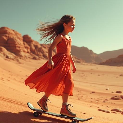 A girl skating on Mars. She is wearing a red dress reminiscent of Star Wars. The background features a Martian landscape.