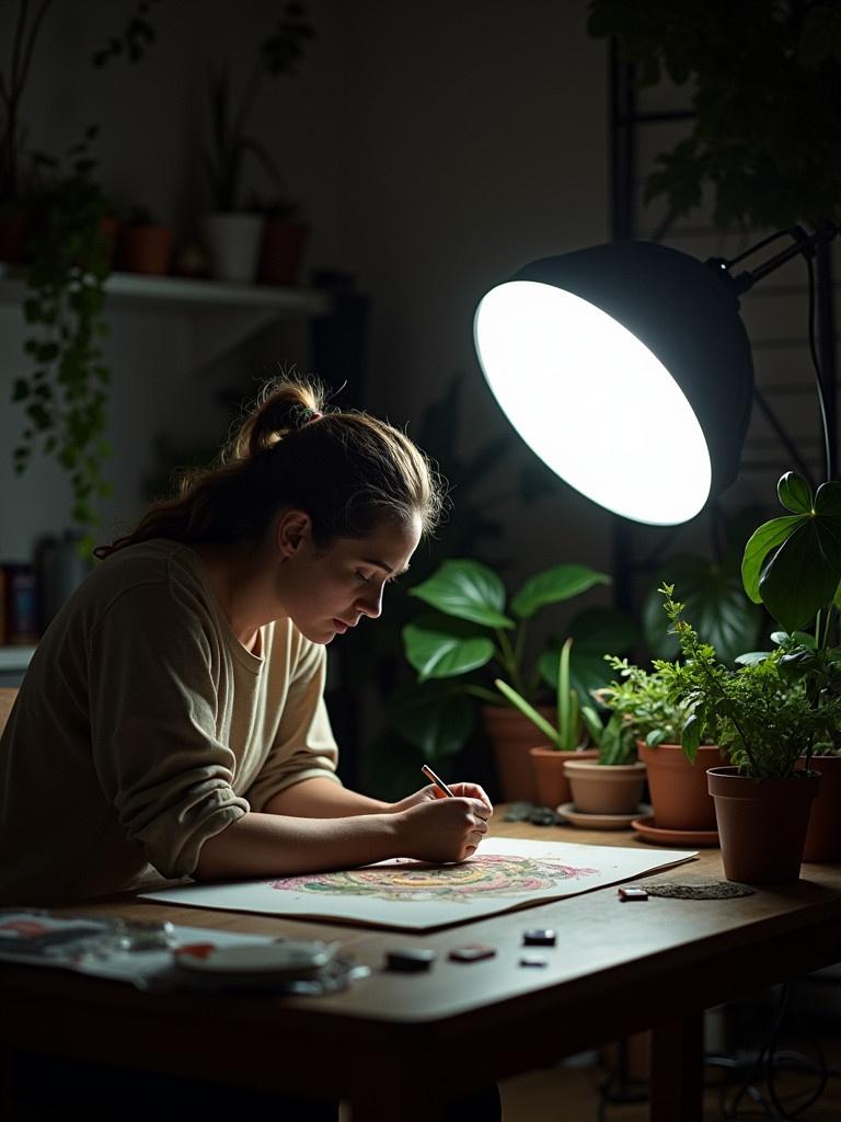 A person works on an art project in a dimly lit studio. A large softbox light illuminates the workspace. The setting has various indoor plants and scattered work materials.