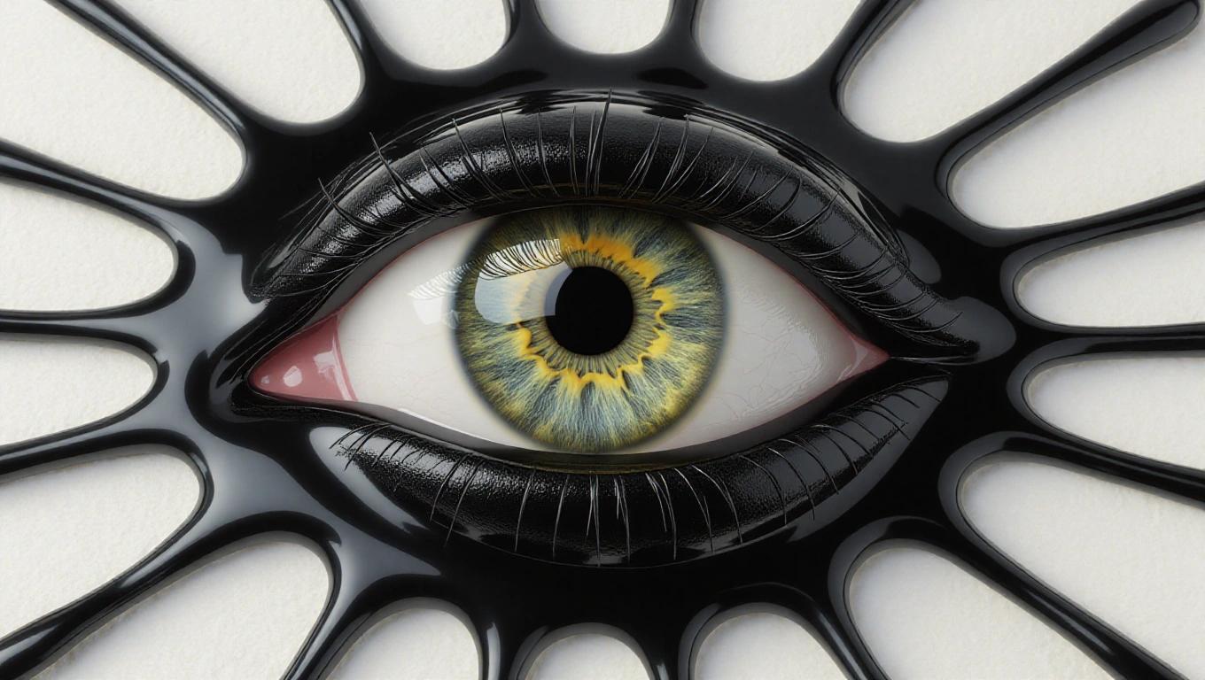 Eyeball submerged in sticky black liquid. Eye features vibrant green and yellow iris. Detailed texture. Artistic presentation.