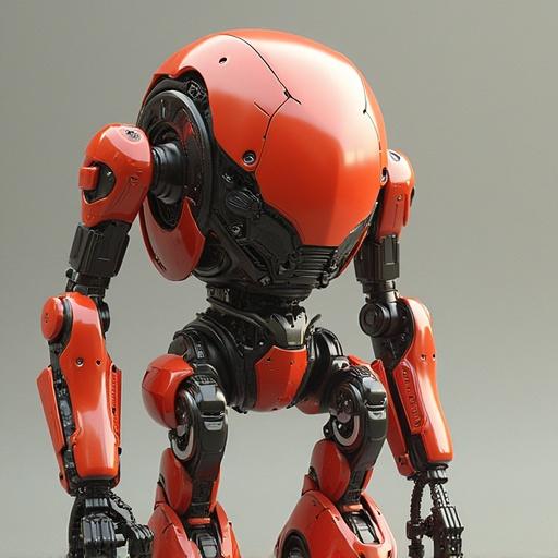 A round-faced robot made of orange and silver metal with articulated limbs. The robot appears humanoid and is designed with a sleek, modern aesthetic.