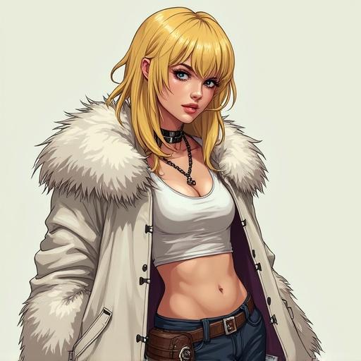 Post apocalyptic setting featuring a blonde girl character wearing a white fur coat and a crop top. Detailed pixel art style representation.
