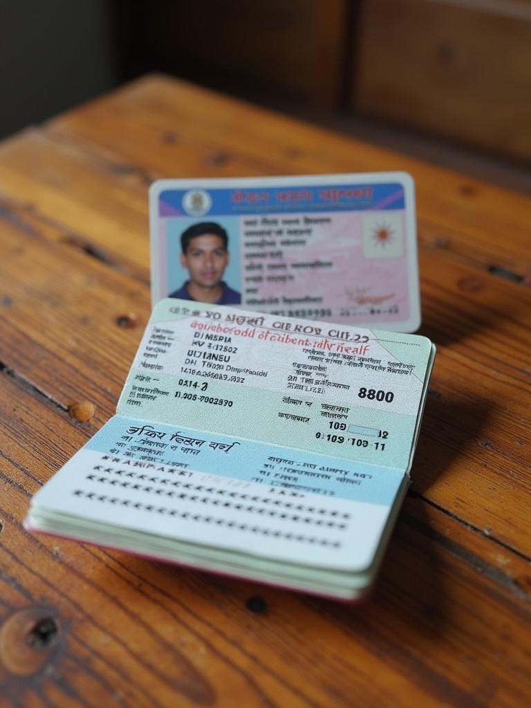 A passport ID card is placed on a wooden table. The card displays various personal details necessary for identification. It is identified as a passport from Nepal.