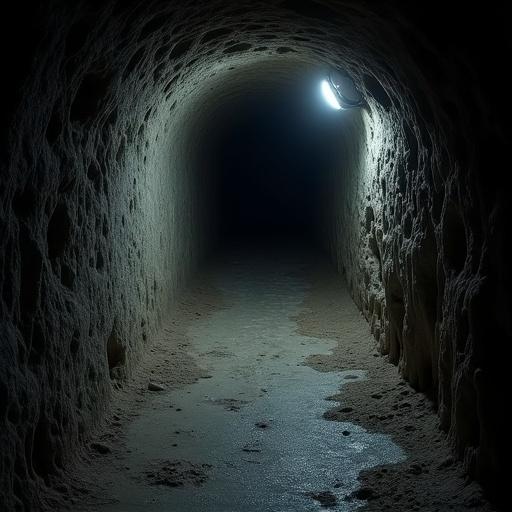 Perspective from the interior of a dark, narrow passage inside a tomb. Light at the end of the tunnel is a distant glow, creating a dramatic silhouette of the winding path. Walls are unevenly carved, conveying a sense of a labyrinth designed to disorient.