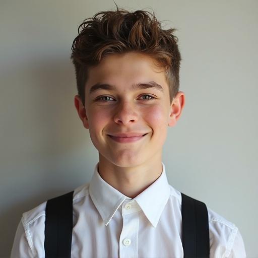 Preppy high school boy in 9th grade dressed in a white shirt with suspenders. Cool hairstyle adds charm. Simple background emphasizes his outfit.