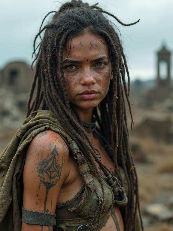Highly detailed portrait of a young huntress in a post-apocalyptic setting. She has a wiry build and tangled hair with dreadlocks. Skin is dirty with mud camouflage and faint tribal tattoos. Expression shows hardship. Wearing self-made clothing from scavenged materials. Tattered cloak blends with ruins. Background shows a desolate city under an overcast sky. Captured with a DSLR with realistic details and shallow depth of field.