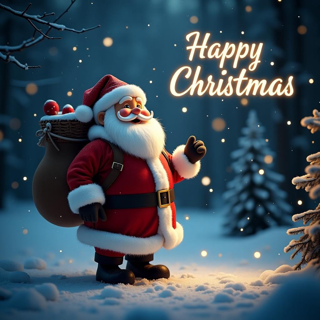 Christmas theme with Santa Claus in a snowy night scene. Happy Christmas greeting included. Soft light and festive mood are present.