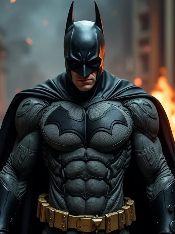 Superhero character in a dark outfit standing strong. Defined muscles and cape are visible. Dramatic lighting creates a moody atmosphere.