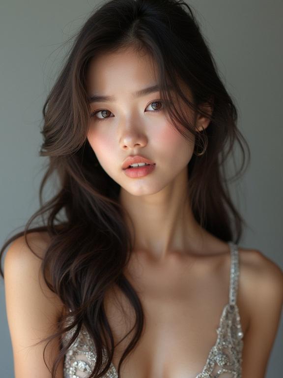 Portrait of a beautiful Asian girl with soft features and wavy hair. The model has a thoughtful expression and is wearing elegant attire. The background is neutral, emphasizing her beauty.