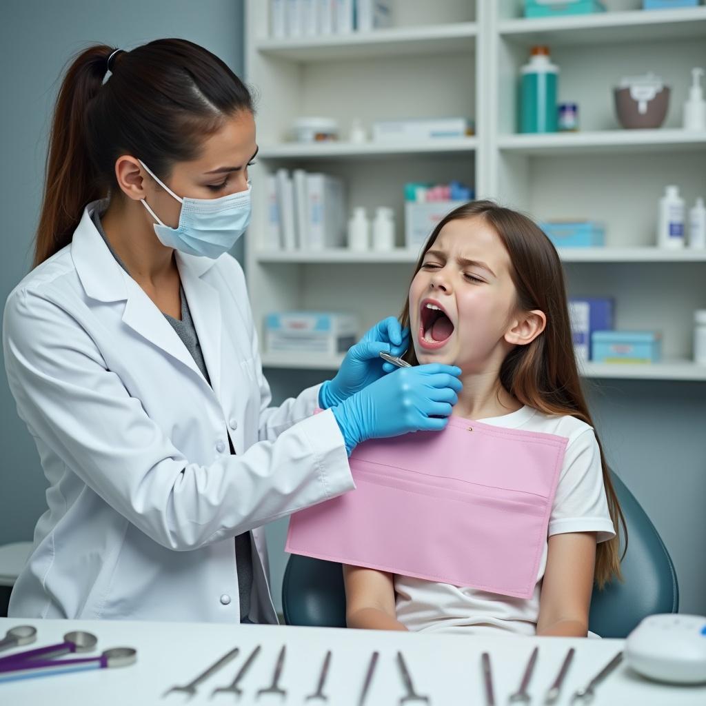 Dental professional providing treatment to young female patient in clinic environment. Professional wears a white lab coat. Patient appears uncomfortable with mouth open. Dental instruments positioned on a table. Organized shelves filled with dental supplies are in the background. Showcases meticulous detail in dental practice.