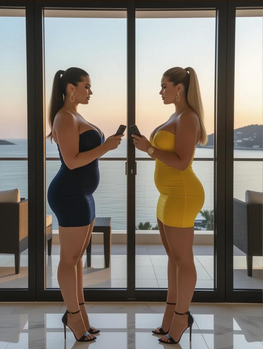 Two tall women stand face to face on a glass balcony. One wears a navy blue dress and the other a gold dress. Both hold iPhones close together. The setting features a sunset view over the sea. The women have long necks and hourglass figures. They wear black high heels with straps.