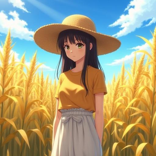Anime girl stands in a corn field wearing a straw hat. She has long hair and a bright outfit. The sky is blue with a few clouds.