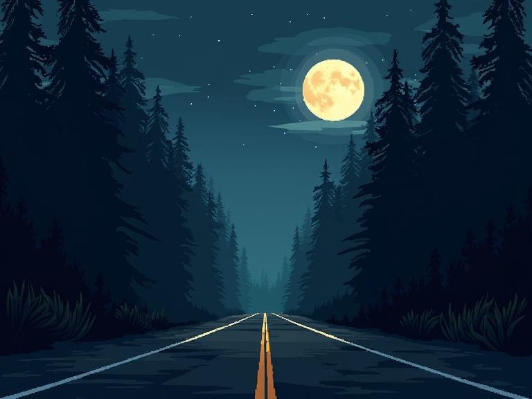 Create a pixel art image inspired by Dead Ahead: Zombie Warfare. A road occupies half the screen, leading into a dark forest at night. The scene features a large, bright moon in the sky, adding a mystical ambiance.