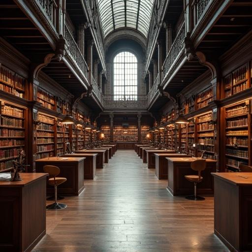 A large interior library filled with tall wooden bookshelves. Natural light streams through a large glass ceiling window. Desks are arranged throughout the library. The atmosphere is quiet and scholarly.