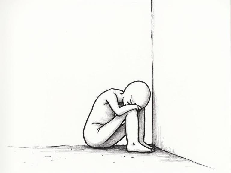 Hand-drawn thin black stickman in pencil sketch style, sitting on the ground with slumped shoulders, leaning against a wall, eyes half-closed with a hopeless expression. Background is barely sketched to show emptiness. Mood is quiet and heavy, representing emotional exhaustion and inner conflict.