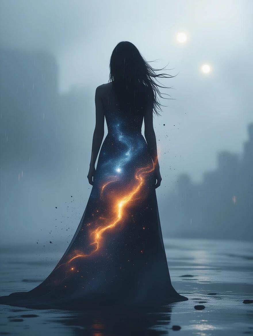 Full-body silhouette of a woman stands still as a storm begins with falling stars and swirling nebulae inside her form. Wind carries ink splatter and fine dust through the scene. Luminous celestial glow bleeds through raindrops creating a melancholic and epic visual tone.