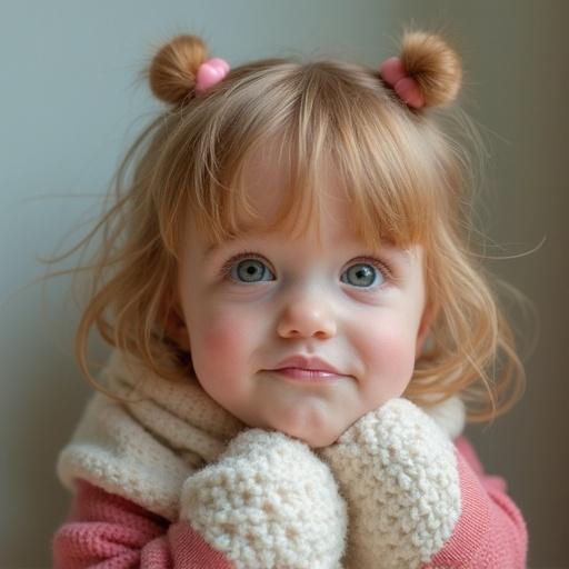 A young child with soft hair styled in playful buns shows curiosity. The child is expressing thoughtfulness while holding their hands together. The background features a gentle color to enhance the feeling of innocence and wonder. The overall scene evokes a sense of exploration and curiosity in childhood.