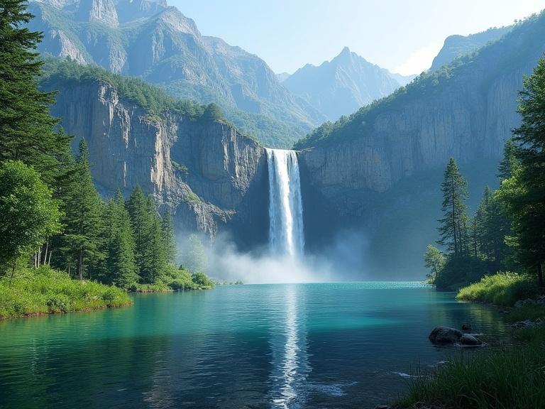 A tall waterfall emerges from mountain vegetation.