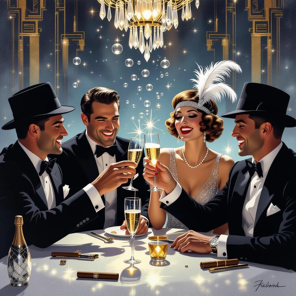 Celebratory toast among elegantly dressed individuals. Jazz music fills the atmosphere. Glittering dresses, cigars in hand. Champagne bubbles catch the light. Exuberant gathering in art deco style. Realistic portrayal.
