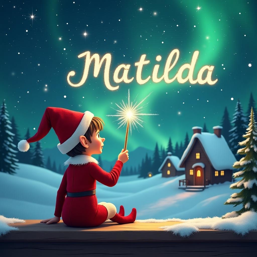 An elf sits on a wooden ledge. The elf faces a magical sky. The elf wears a red outfit and a pointed hat. The elf holds a sparkling wand. The elf writes 'Matilda' in the starry sky. The background has a snowy landscape. Charming little houses and evergreen trees are visible. Northern Lights shimmer in the sky. The scene captures childhood magic and Christmas cheer.