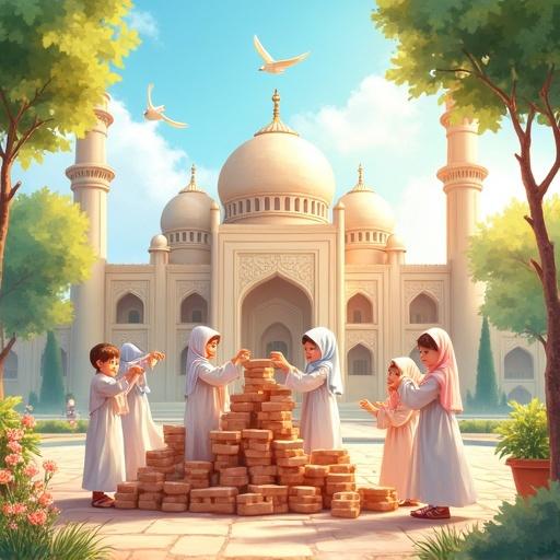 Watercolor-style illustration of children in traditional Islamic clothing engaging in a joyful summer activity. The scene depicts girls and boys constructing a symbolic structure while backlit by sunlight, framed by a beautiful Islamic building. The atmosphere is bright, colorful, and spiritual with lots of greenery and birds.