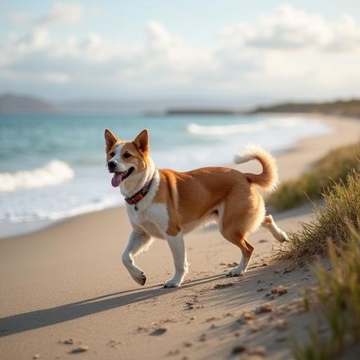 Dog walking on beach with beautiful landscape
