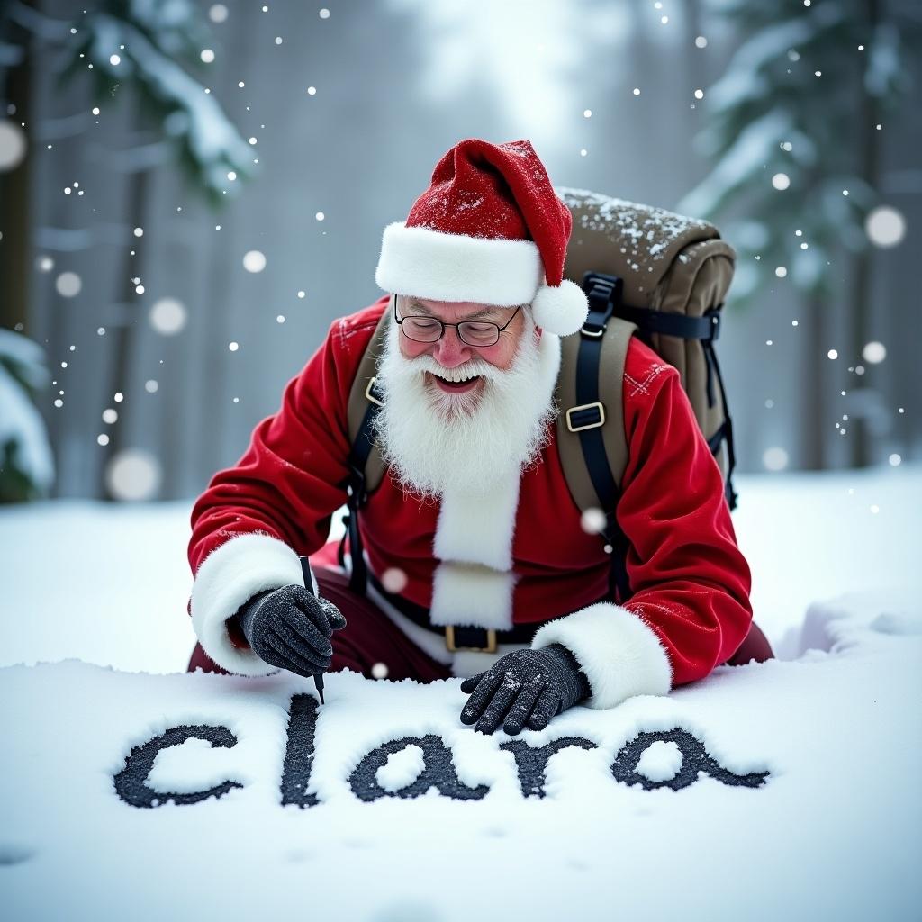 Santa Claus joyfully draws the name 'clara' in the snow. He wears a red suit and a white beard. A backpack is on his shoulder. The background shows a winter landscape with snow-covered trees and falling snow. Santa looks cheerful while focused on his drawing. The snow is a canvas for his creativity.